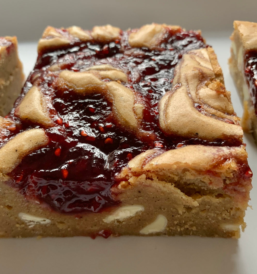 Brown butter raspberry and white chocolate blondie